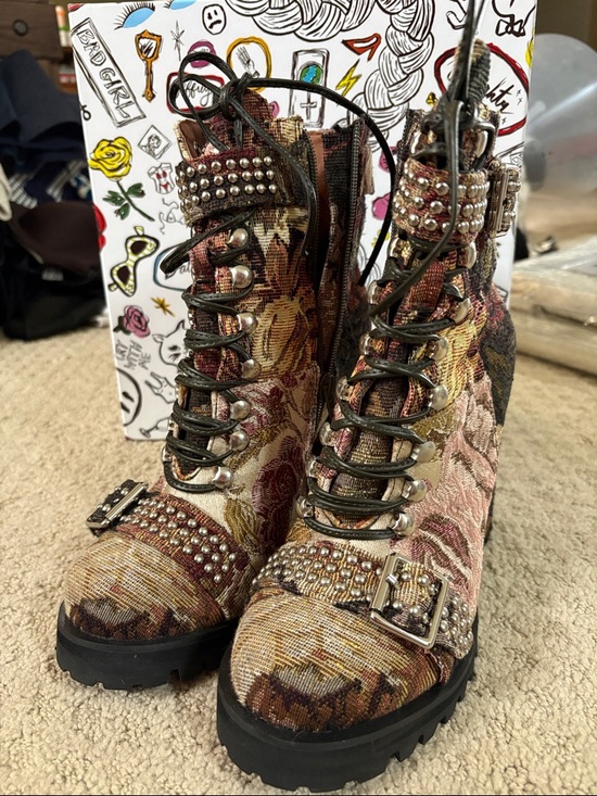 Jeffrey Campbell Shoes - Jeffrey Campbell Floral Tapestry Combat Boots - Pink, Brown & Gold